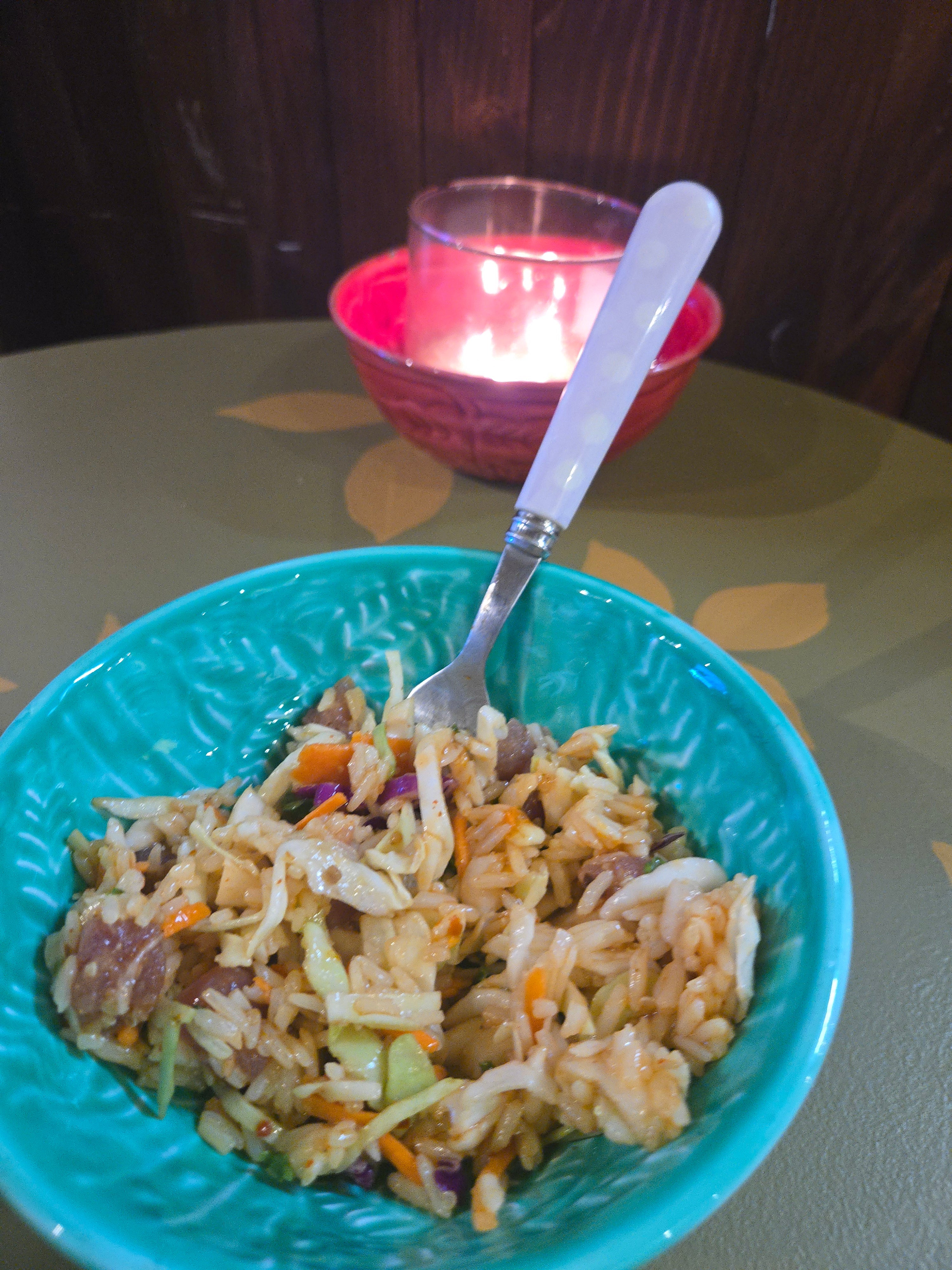 Thai Chili Taco simmer sauce used as a Poke bowl sauce with rice and cabbage 