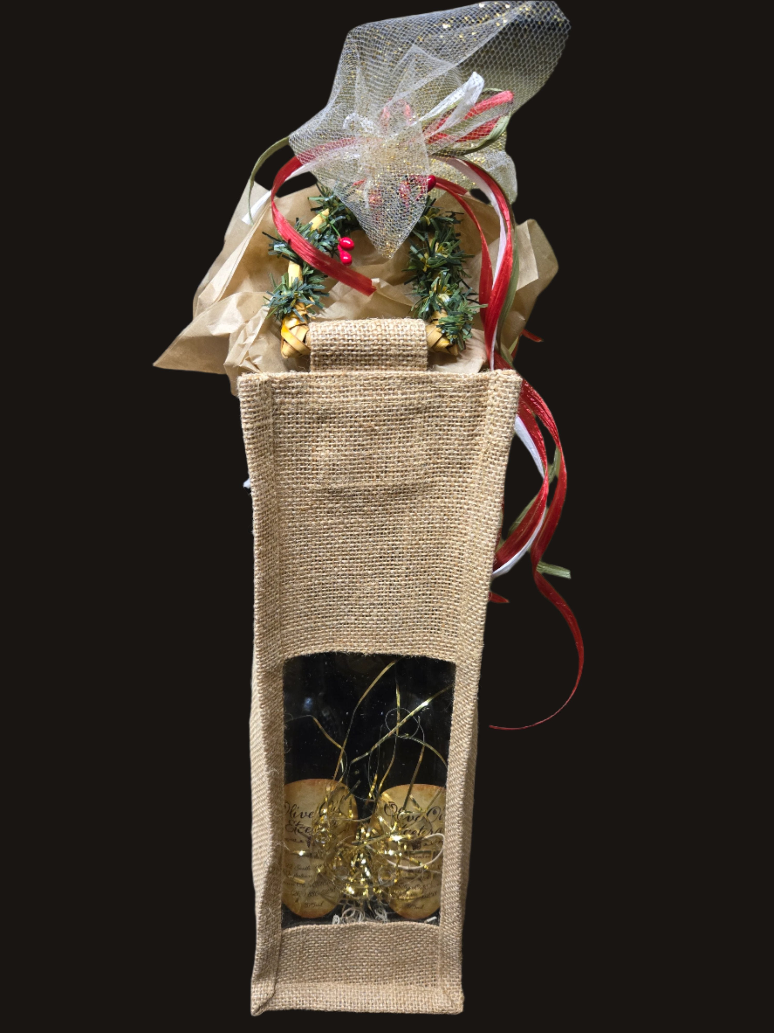 Burlap Bag with 2 375 ml bottles of Olive Oil and Balsamic vinegar from Olive Oil Etcetera in Doylestown PA 